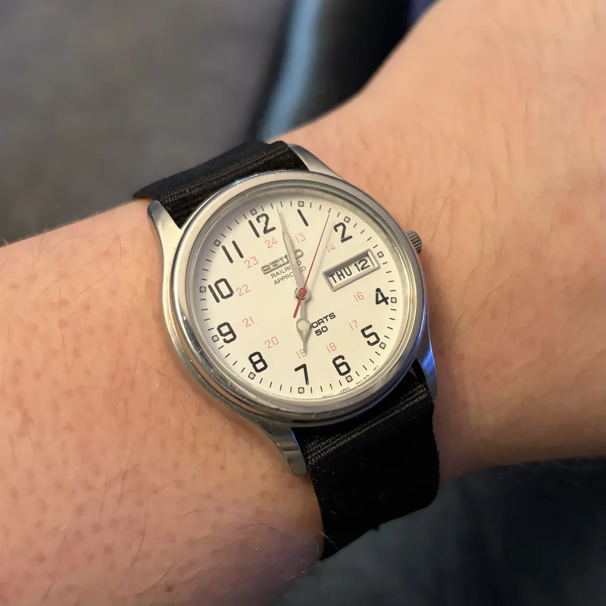 Stainless Seiko Sports 50 railroad-approved quartz watch