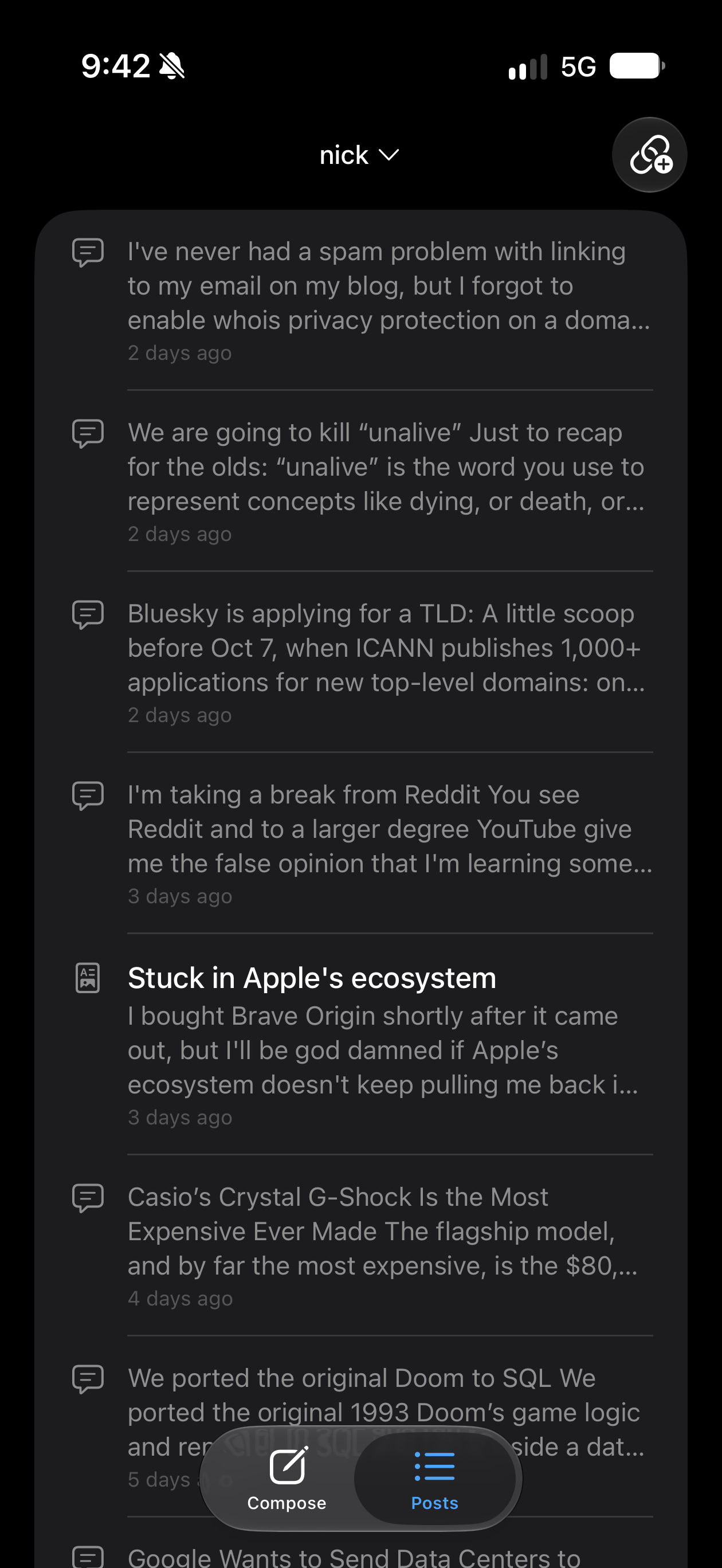 A screenshot of the OutPost Micropub client. It’s a list of published posts.